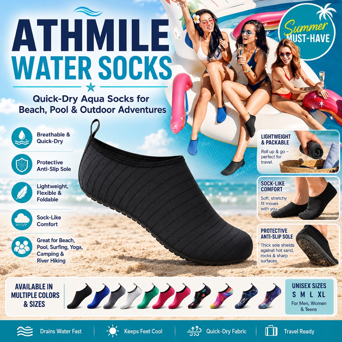 Athmile Water Socks quick-dry aqua socks for beach pool and outdoor adventures